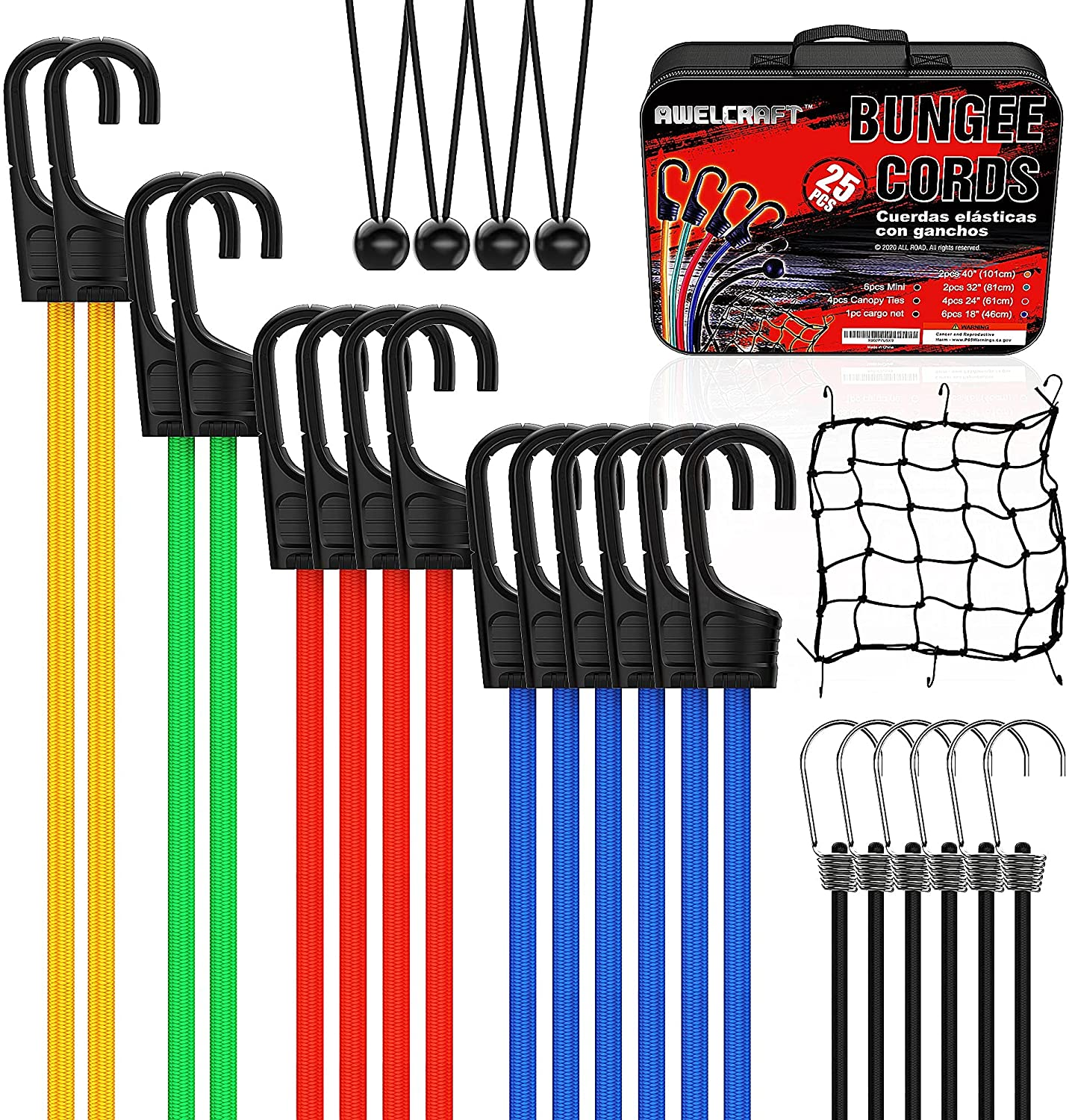 Bungee Cords 16Pcs Set - 10Pcs 9 Inch Bungee Cords Ball with Elastic String & 6Pcs 9 Inch Mini Bungee Cords with Hooks with Carrying Bottle