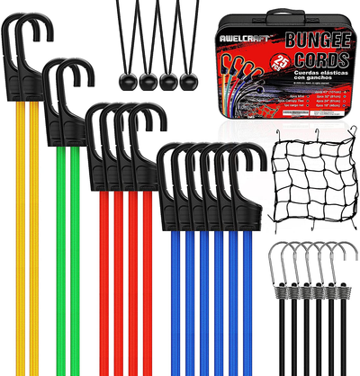 Bungee Cords 16Pcs Set - 10Pcs 9 Inch Bungee Cords Ball with Elastic String & 6Pcs 9 Inch Mini Bungee Cords with Hooks with Carrying Bottle