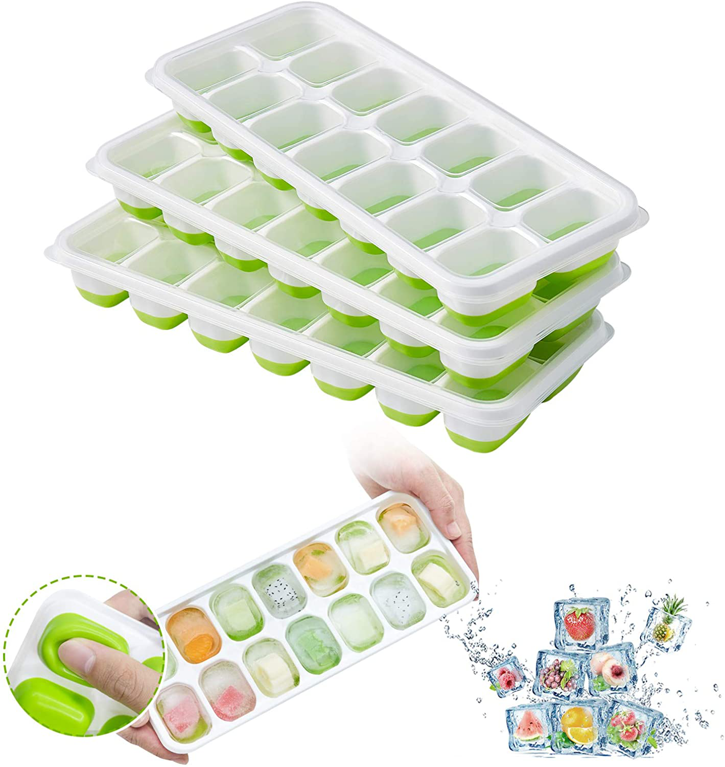 DOQAUS Ice Cube Trays 4 Pack, Easy-Release Silicone & Flexible 14-Ice Cube Trays with Spill-Resistant Removable Lid, LFGB Certified and BPA Free, for Cocktail, Freezer, Stackable Ice Trays with Covers