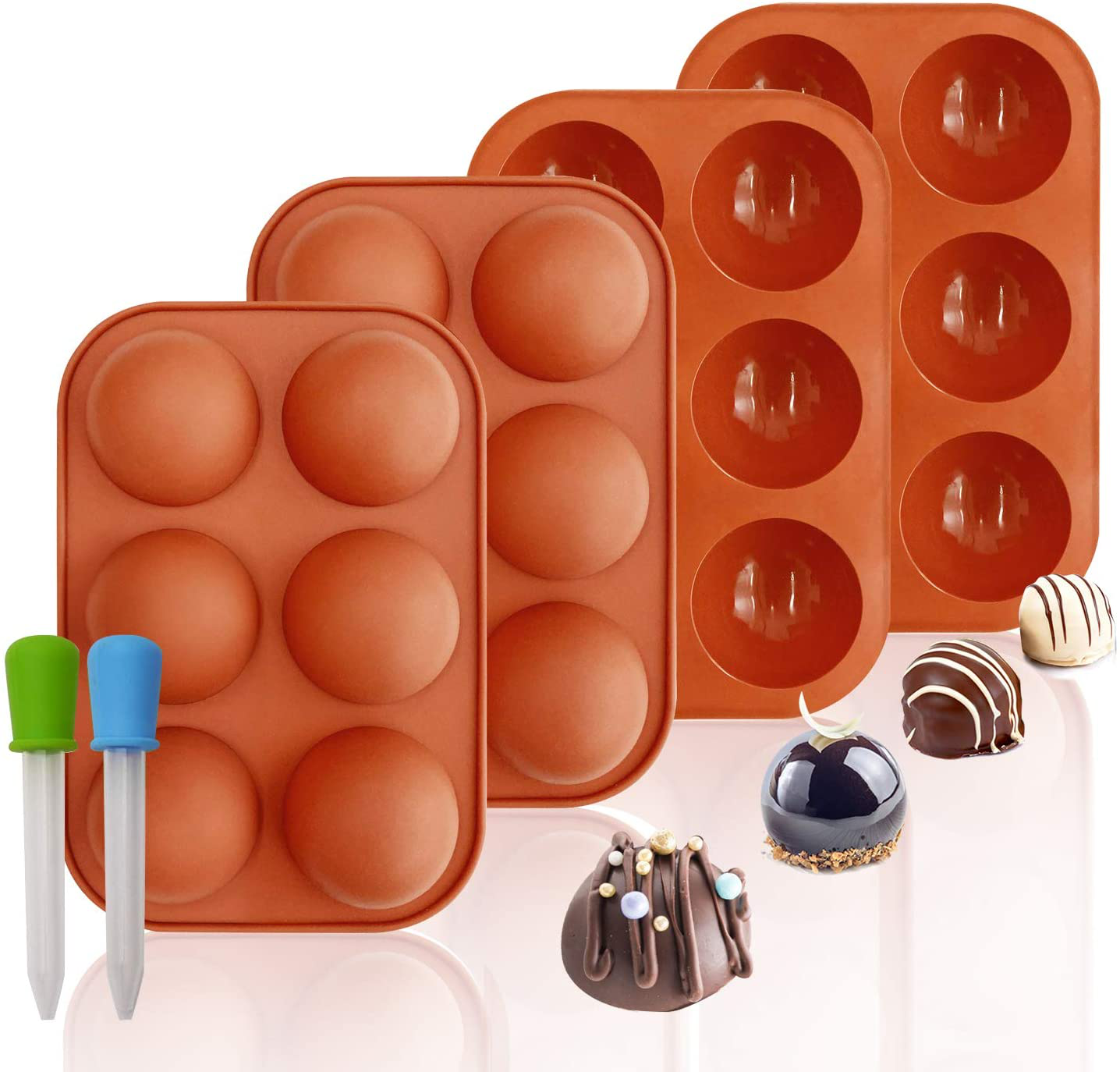 Silicone Molds, Chocolate Molds with 6 Semi Sphere Jelly Holes, 4 Pack Hot Cocoa Bomb Mold for Making Hot Chocolate Bombs, Half round Jello, Dome Mousse, Cocoa Ball, Coco Bomb (Comes with 2 Droppers)