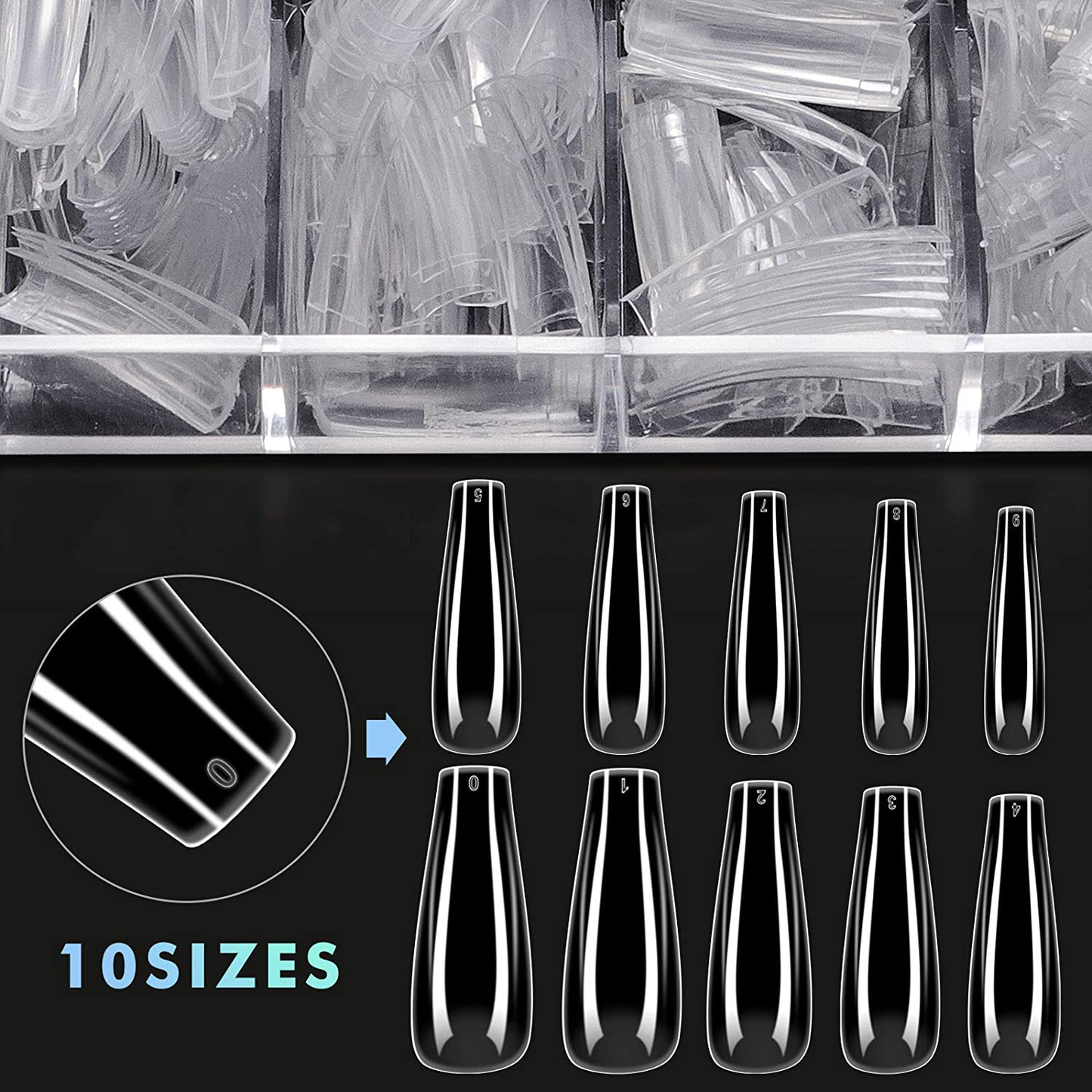Coffin Nails Long Fake Nails - Clear Acrylic Nails Coffin Shaped Ballerina Nails Tips 500Pcs Full Cover False Nail with 4Pcs Nail Glues and 1Pcs Nail File, 10 Sizes