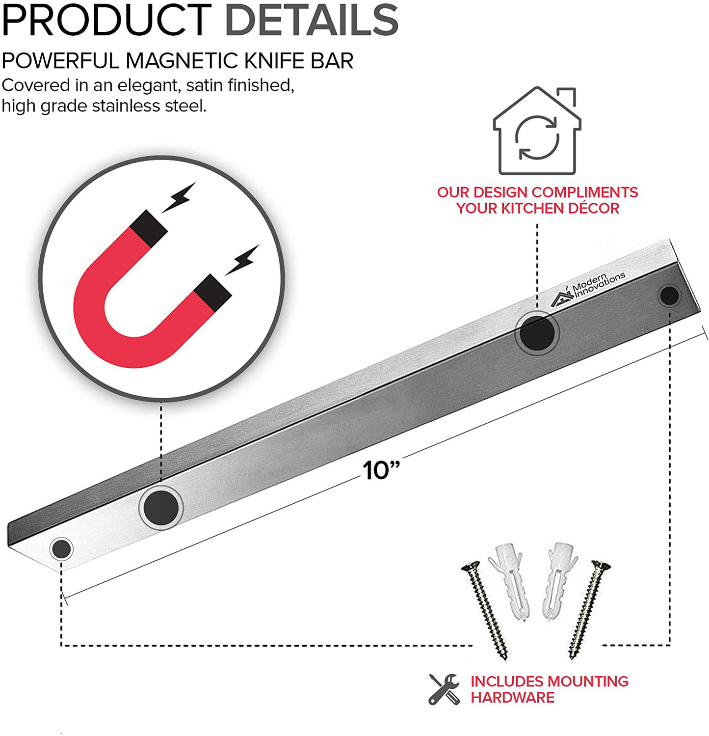 Modern Innovations 10 Inch Stainless Steel Magnetic Knife Bar with Multipurpose Use as Knife Holder, Knife Rack, Knife Strip, Kitchen Utensil Holder, Tool Holder, Art Supply Organizer, Home Organizer