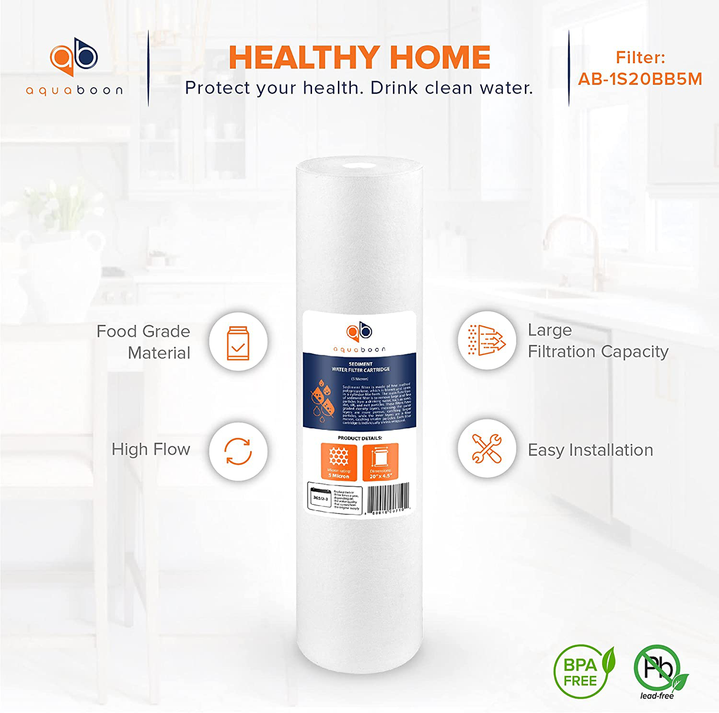 Aquaboon 5 Micron 20" Sediment Water Filter Replacement Cartridge | Whole House Sediment Filtration | Compatible with AP810-2, SDC-45-2005, FPMB5-20, P5-20, FP25B, 155358-43, 2 Pack
