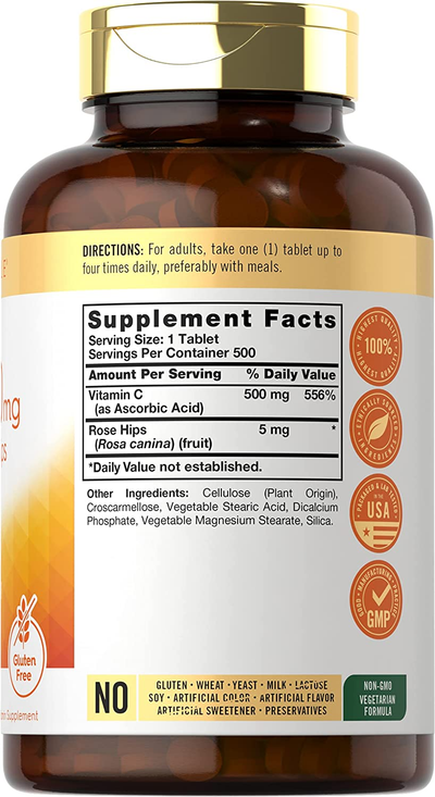 Vitamin C with Rose Hips 500Mg | 500 Tablets | Vegetarian, Non-Gmo and Gluten Free Supplement | High Potency Formula | by Carlyle