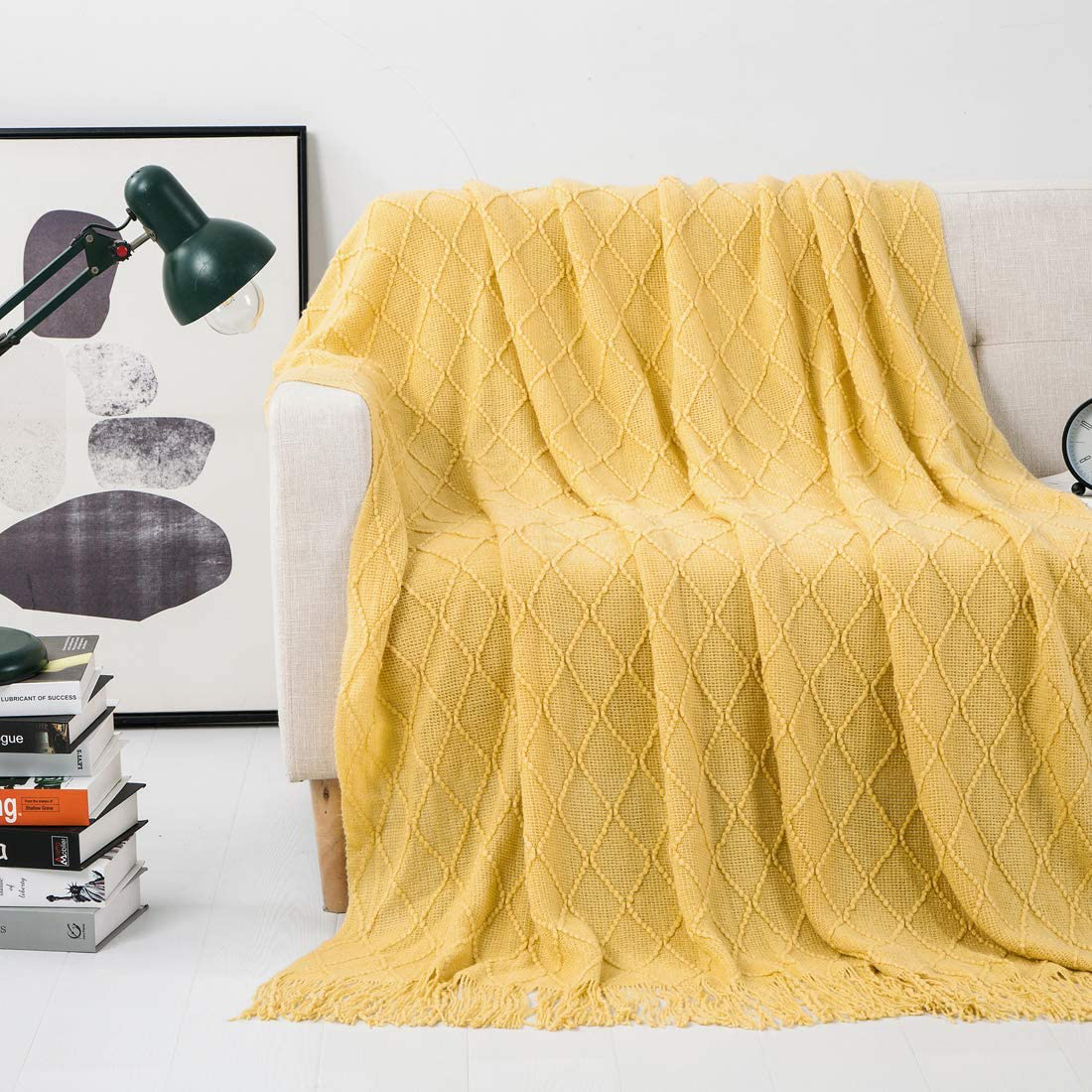 Revdomfly Mustard Yellow Throw Blanket with Fringe Decorative Farmhouse Knitted Throw Blanket for Sofa Couch Bed, 50" x 67", Yellow