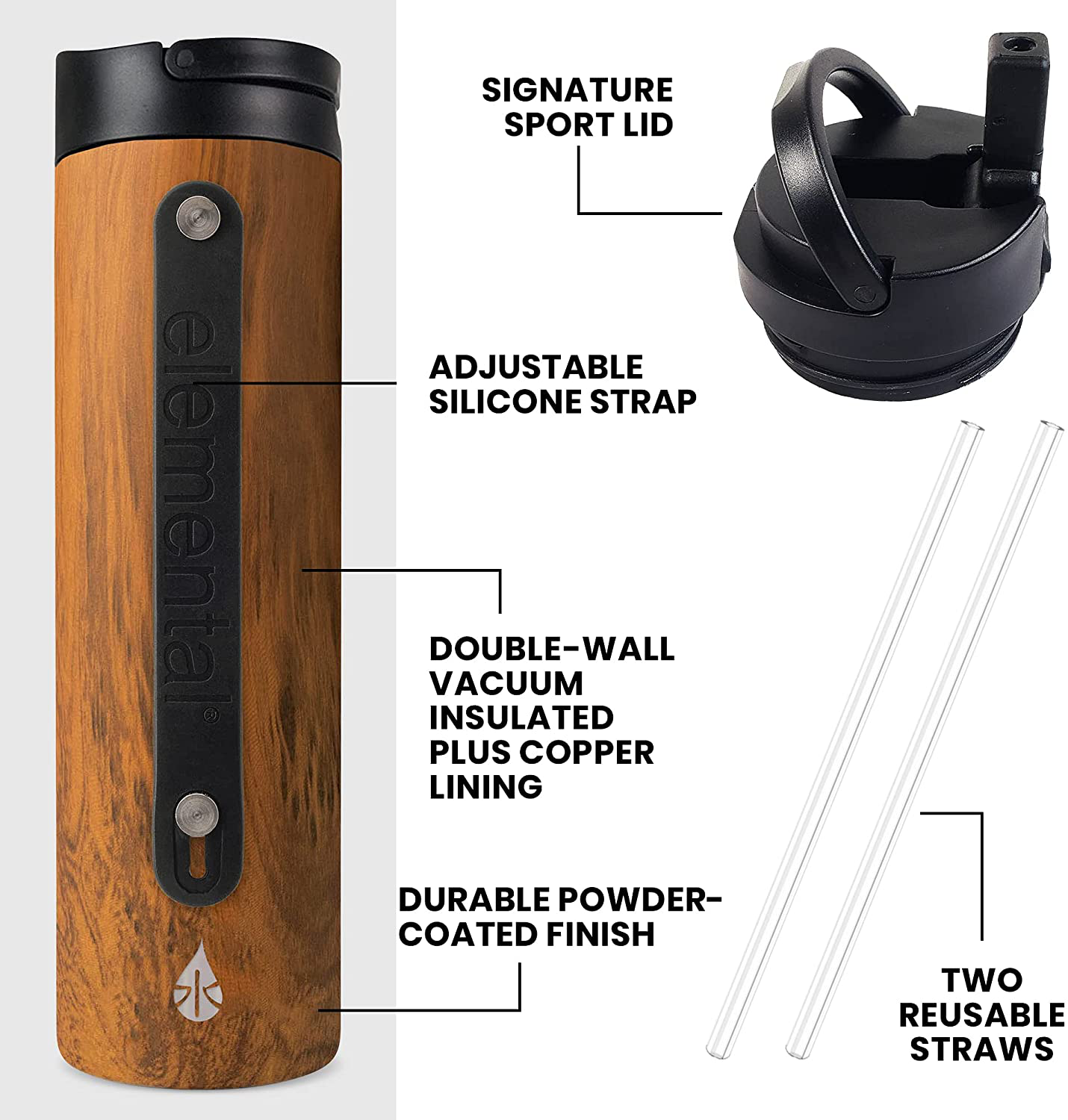 Sports Bottle, Stainless Steel Water Bottle 20oz with Sports Top, Double Insulated Water Bottles that Keep Your Drink Cold or Hot, Teak Wood - Elemental
