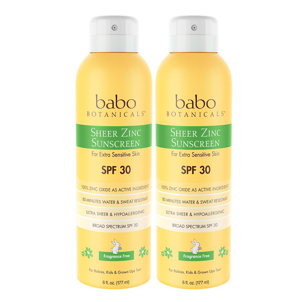 Babo Botanicals Sheer Zinc Continuous Spray Sunscreen SPF 30 with 100% Mineral Active, Non-Nano, Water-Resistant, Reef-Friendly, Fragrance-Free, Vegan, for Babies, Kids or Sensitive Skin - 6 oz.