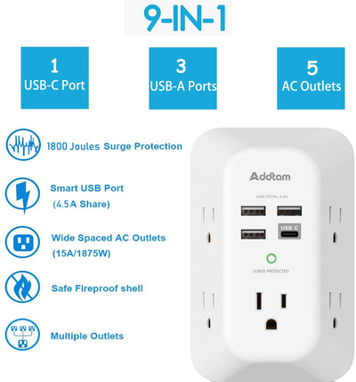 USB Wall Charger Surge Protector 5 Outlet Extender with 4 USB Charging Ports ( 1 USB C Outlet) 3 Sided 1800J Power Strip Multi Plug Outlets Wall Adapter Spaced for Home Travel Office ETL Listed