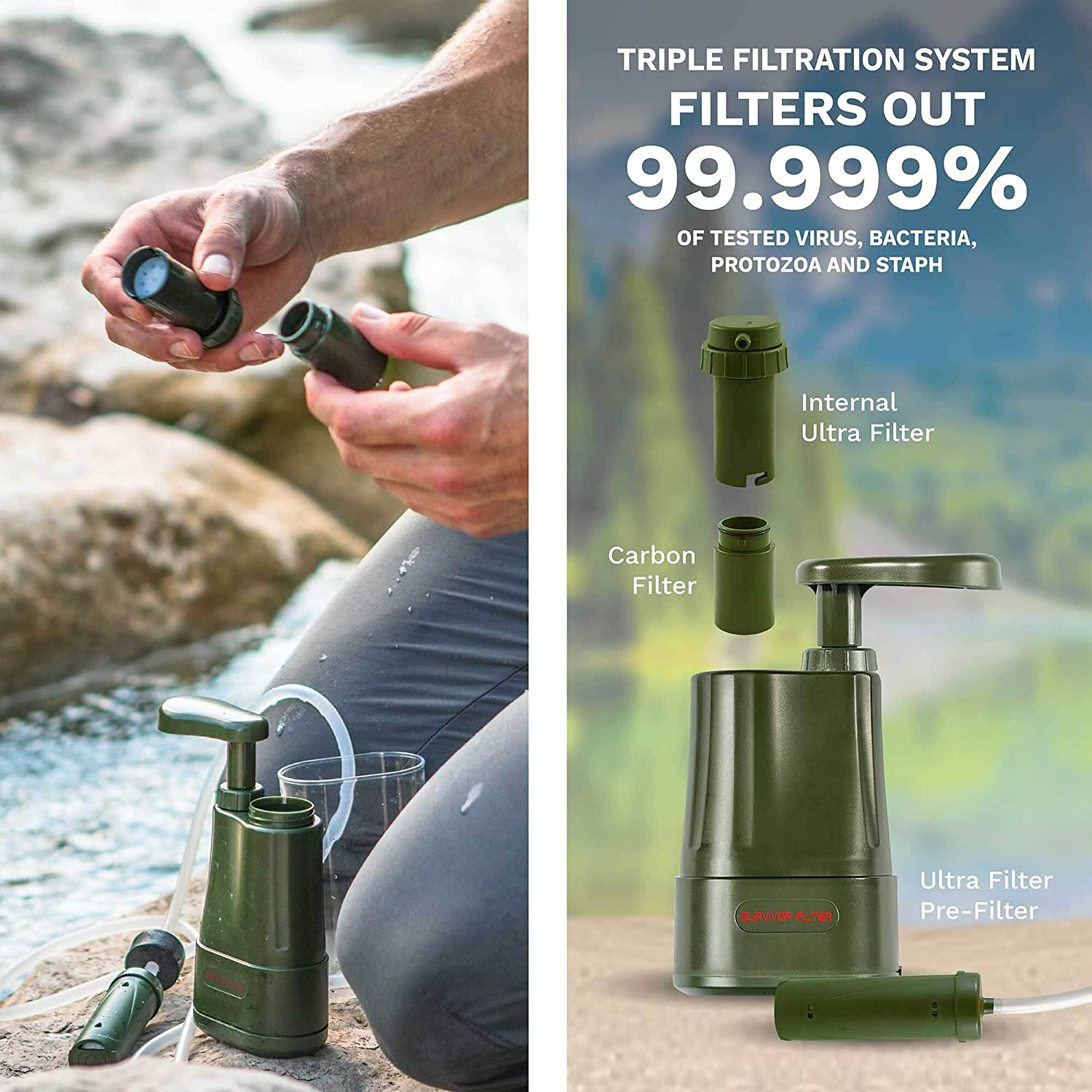 Survivor Filter Pro - Hand Pump Camping Water Filter - Emergency Water Filter