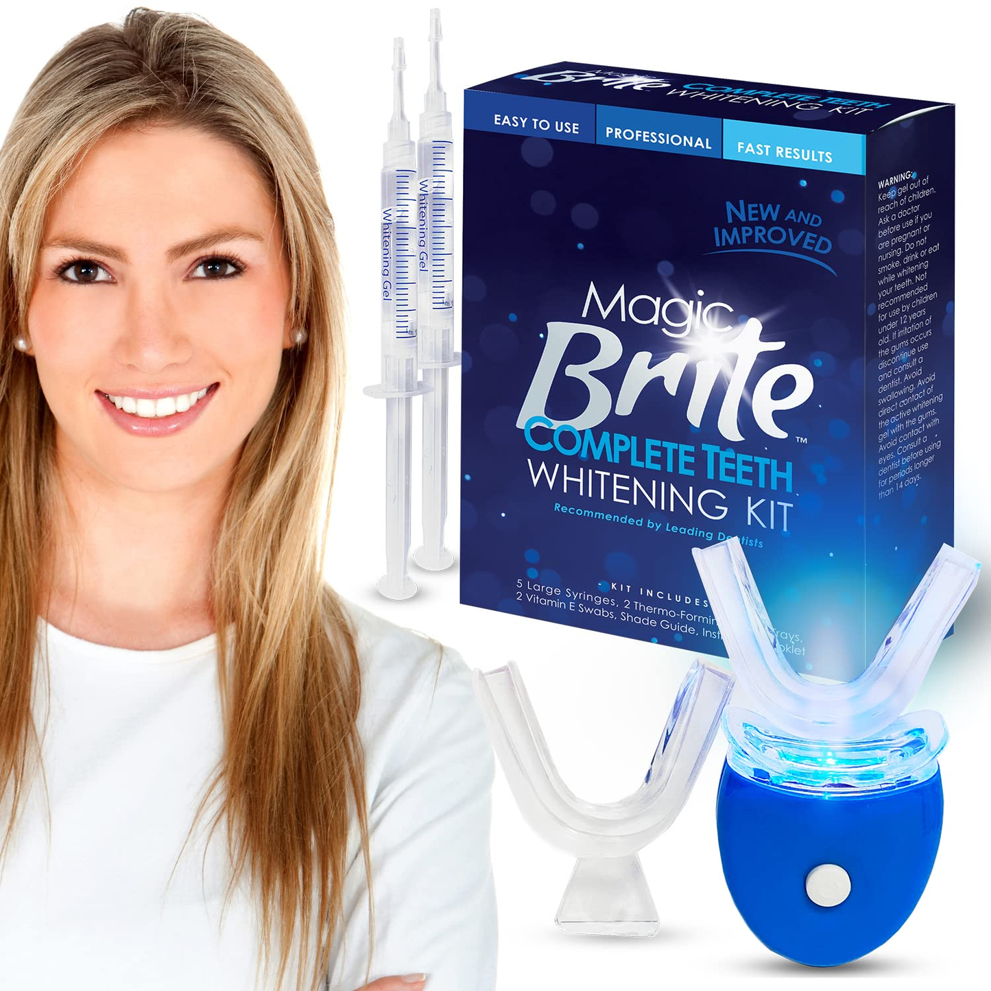 Magicbrite Complete Teeth Whitening Kit at Home Whitener - LED Light, 35% Carbamide Peroxide, 2 Mouth Trays, (3) 3Ml Gel Syringes, Painless Effective