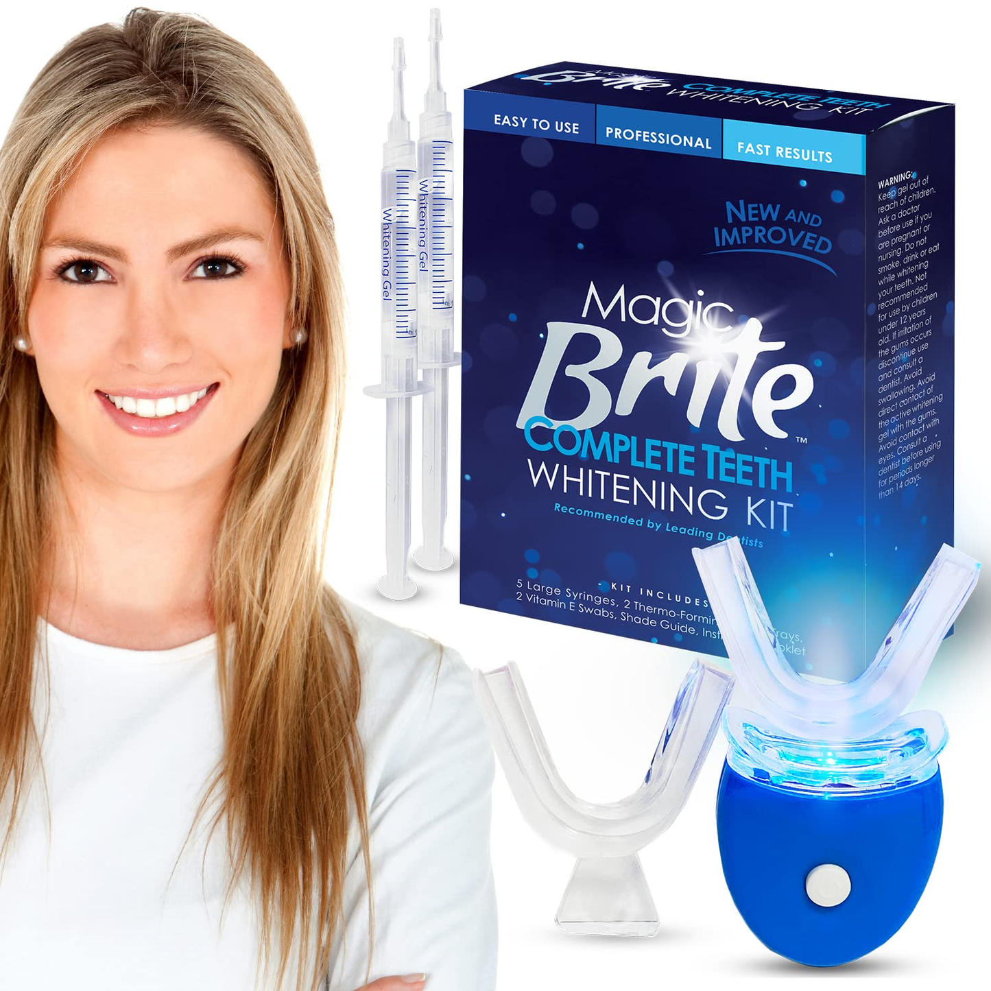 Magicbrite Complete Teeth Whitening Kit at Home Whitener - LED Light, 35% Carbamide Peroxide, 2 Mouth Trays, (3) 3Ml Gel Syringes, Painless Effective 
