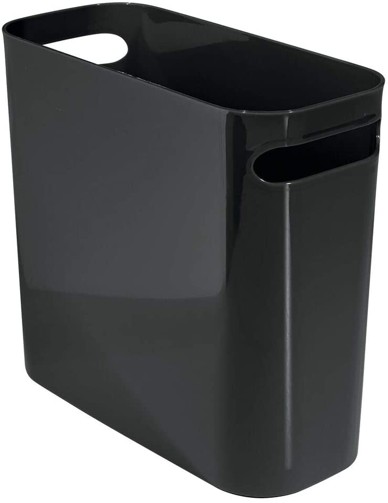 mDesign Slim Plastic Rectangular Small Trash Can Wastebasket, Garbage Container Bin with Handles for Bathroom, Kitchen, Home Office, Dorm, Kids Room - 10" High, Shatter-Resistant - Black