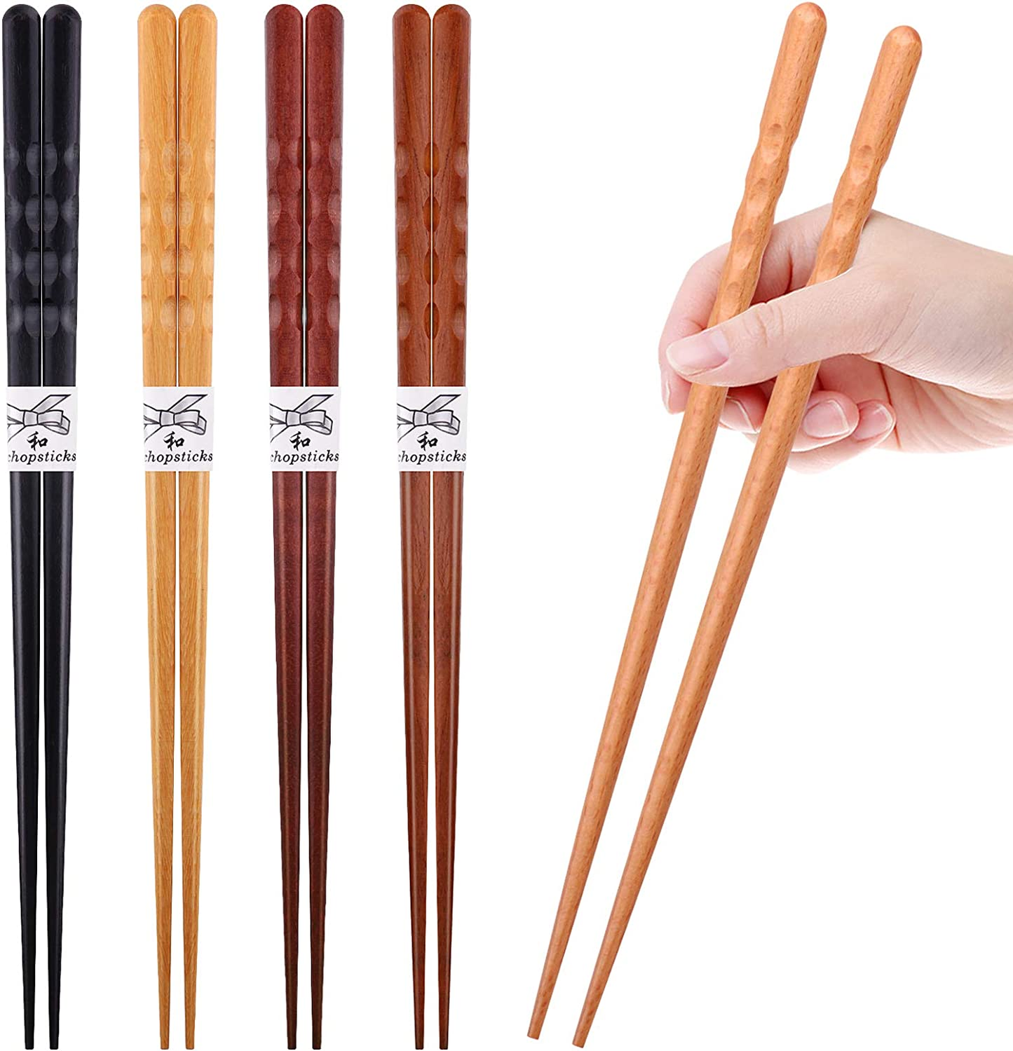 GLAMFIELDS Reusable Chopsticks Japanese Natural Wooden 5 Pairs Classic Style Lightweight Hand-Carved Safe Chop Sticks 8.8 Inch/22.5Cm Gift Set