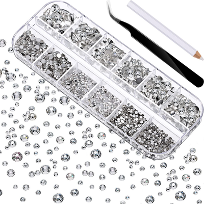 TecUnite 2000 Pieces Flat Back Gems Round Crystal Rhinestones 6 Sizes (1.5-6 mm) with Pick Up Tweezer and Rhinestones Picking Pen for Crafts Nail Face Art Clothes Shoes Bags DIY (Clear)