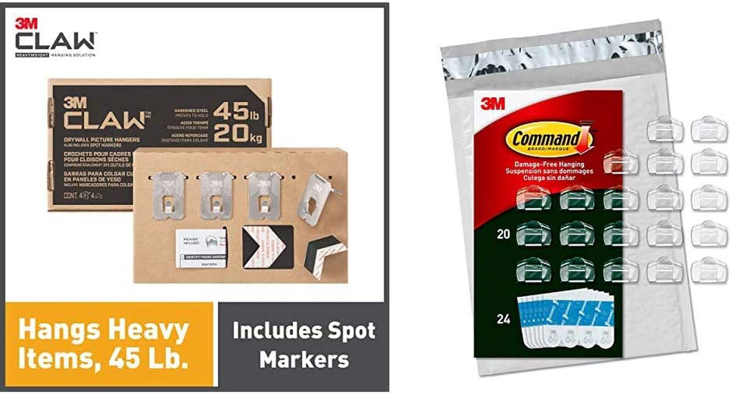 3M CLAW Drywall Picture Hangers holds 45 lb. & Command Outdoor Light Clips, 20 Clips, 24 Strips