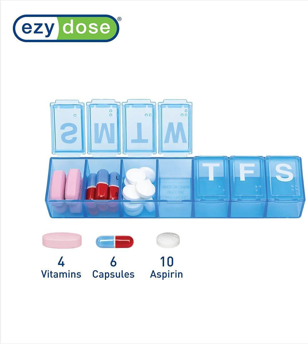Ezy Dose Weekly (7-Day) Pill Organizer, Vitamin Case, and Medicine Box, Small Compartments, Color May Vary