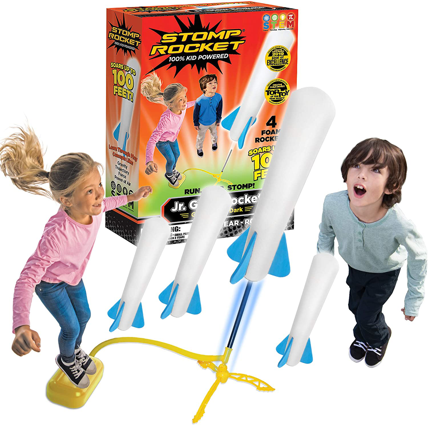 Stomp Rocket The Original Jr. Glow Rocket Launcher, 4 Foam Rockets and Toy Air Rocket Launcher - Glows in The Dark, STEM Gift for Boys and Girls Ages 3 Years and Up - Great for Year Round Play