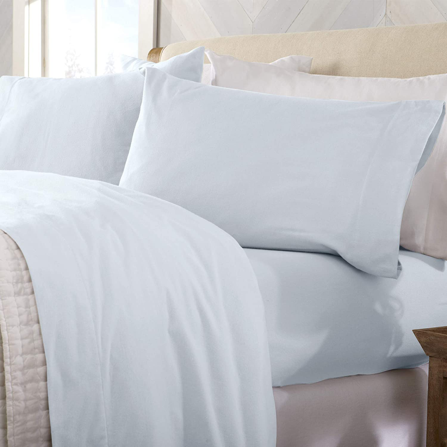 Great Bay Home Extra Soft 100% Turkish Cotton Flannel Sheet Set. Warm, Cozy, Heavyweight, Luxury Winter Deep Pocket Bed Sheets in Solid Colors. Nordic Collection (Queen, Pearl Blue)