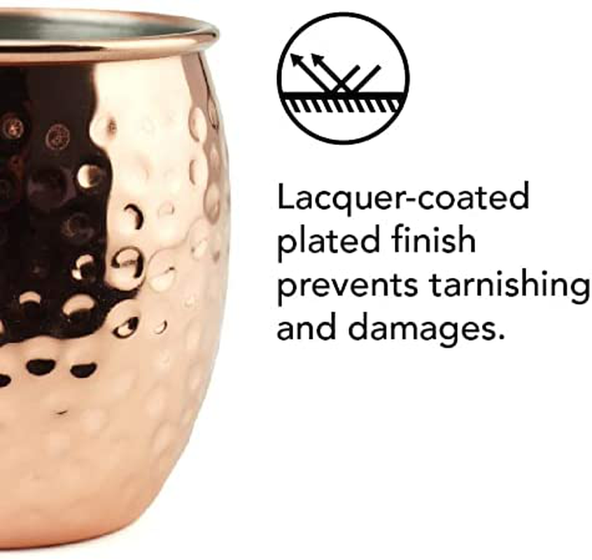 PG Moscow Mule Mugs | Large Size 19 Ounces | Set of 4 Hammered Cups | Stainless Steel Lining | Pure Copper Plating | Gold Brass Handles | 3.7 Inches Diameter X 4 Inches Tall