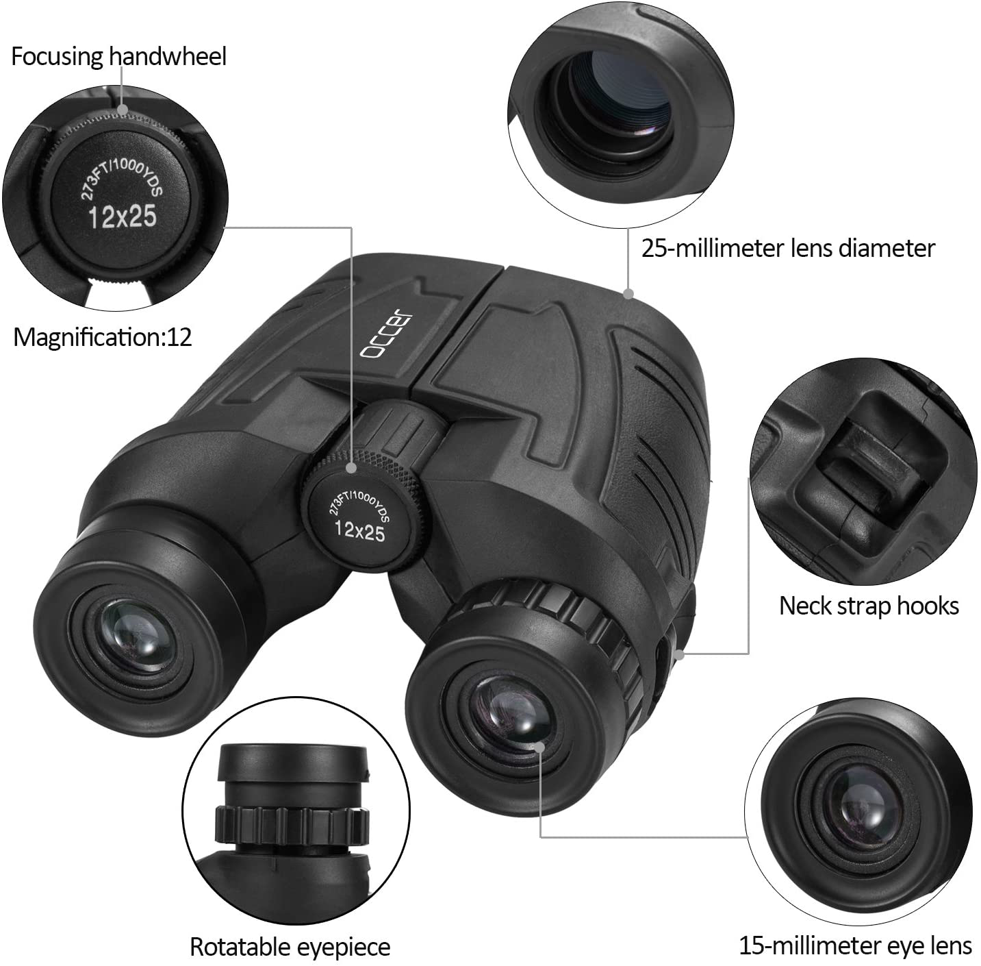 occer 12x25 Compact Binoculars with Clear Low Light Vision, Large Eyepiece Waterproof Binocular for Adults Kids,High Power Easy Focus Binoculars for Bird Watching,Outdoor Hunting,Travel,Sightseeing