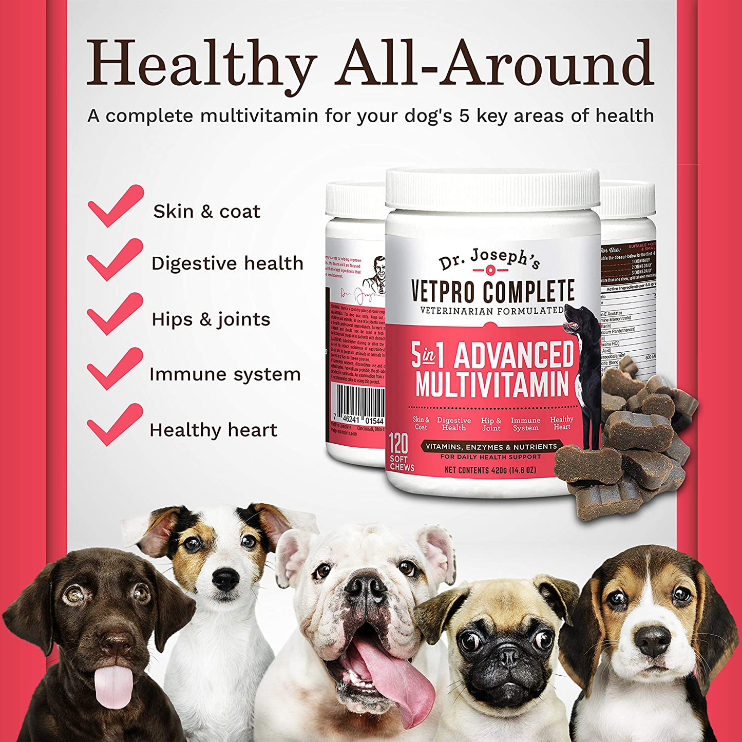 VetPro Dog Vitamins and Supplements - Glucosamine for Hip and Joint Health, Immune System Support, Allergy Meds