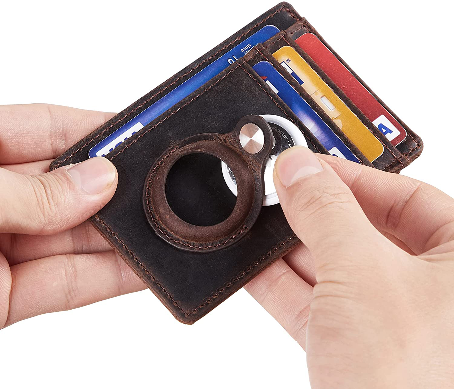 Hawanik Genuine Leather Slim Minimalist Front Pocket Wallet with Built-In Holder for Airtag