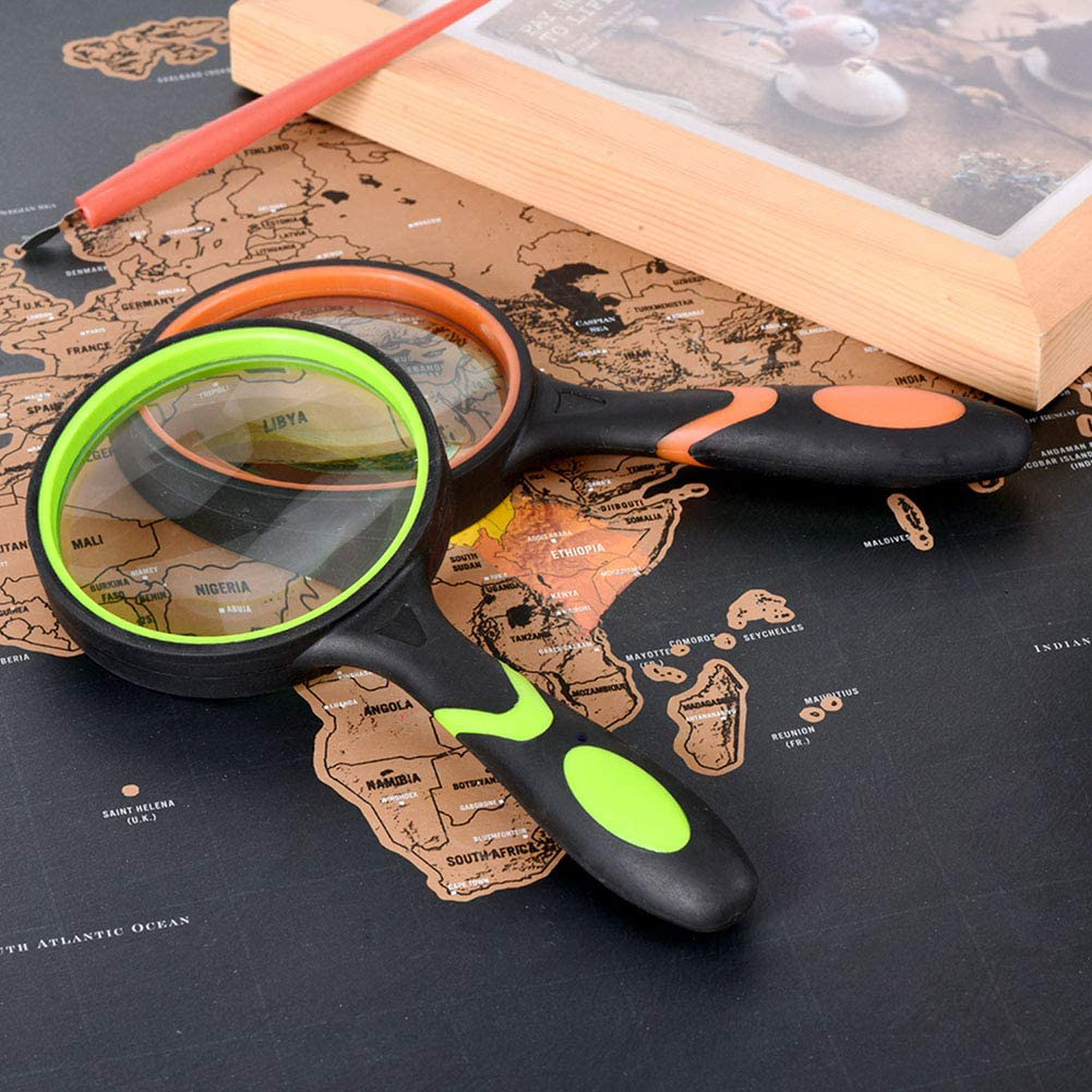 Ocim (2 Pcs) 10X Magnifying Glass, Handheld Reading Magnifier, 75mm Magnify Glasses Lens, Rubbery with Non-Slip Soft Handle for Seniors Reading and Kids Nature Exploration