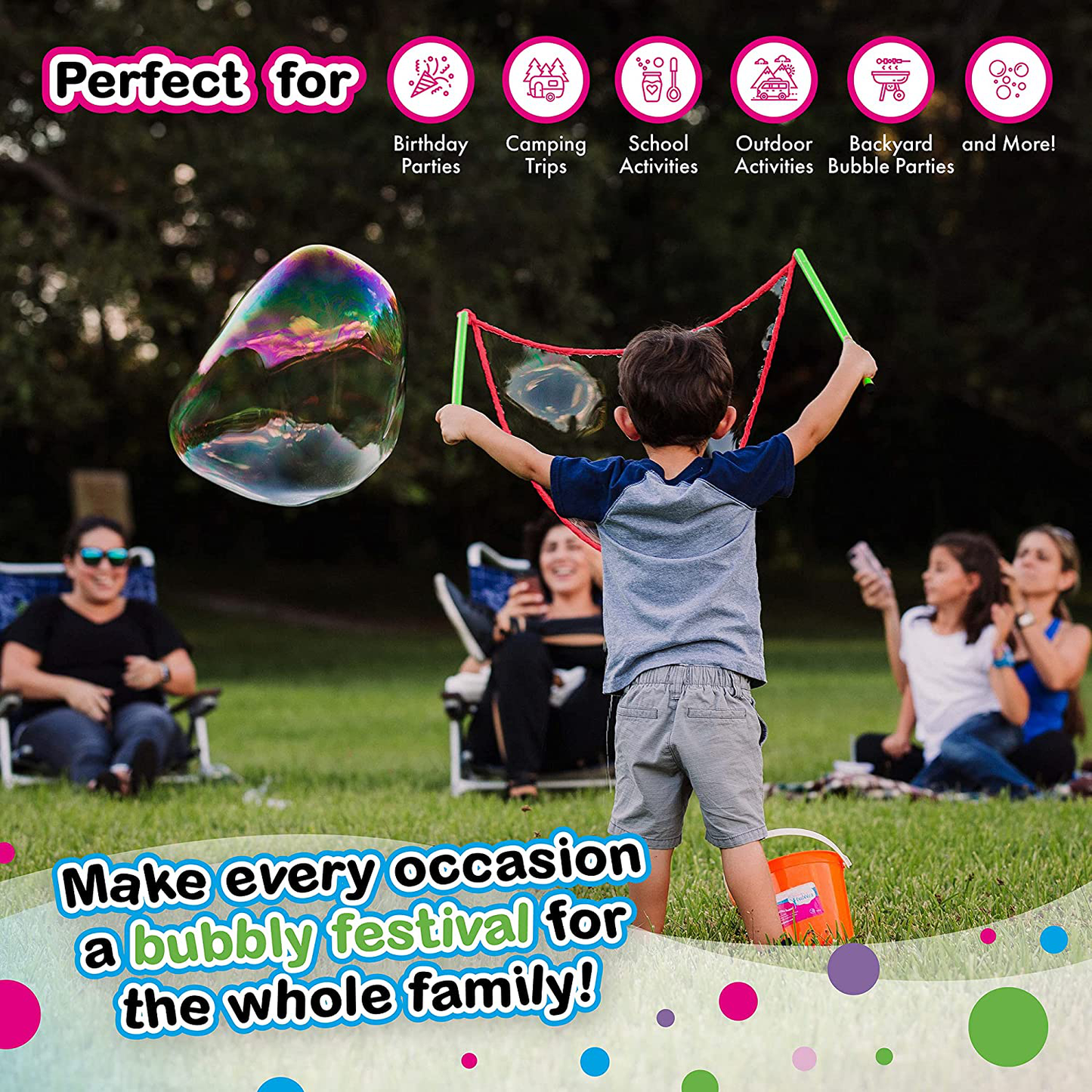 WOWMAZING Giant Bubble Wands Kit: (4-Piece Set) | Incl. Wand, Big Bubble Concentrate and Tips & Trick Booklet | Outdoor Toy for Kids, Boys, Girls | Bubbles Made in The USA - Standard Kit