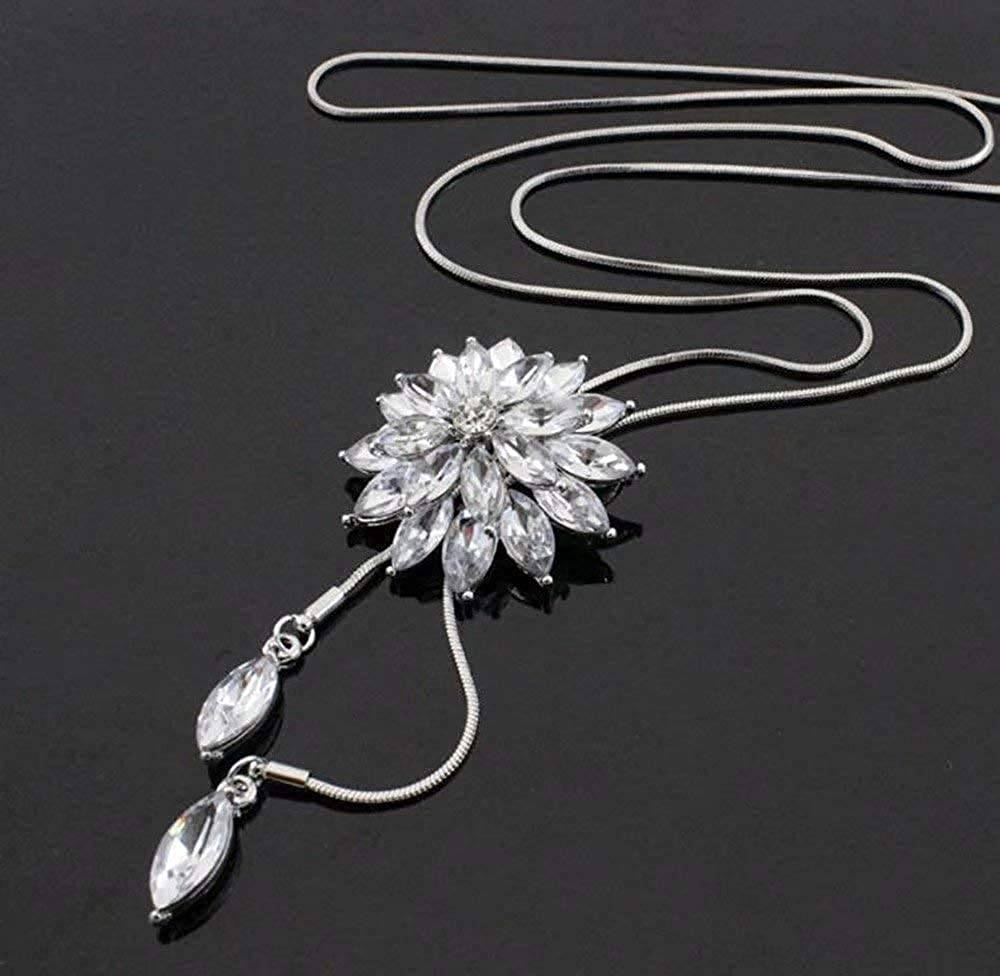 Women Alloy Pendant Rhinestone Long Chain Sweater Necklace