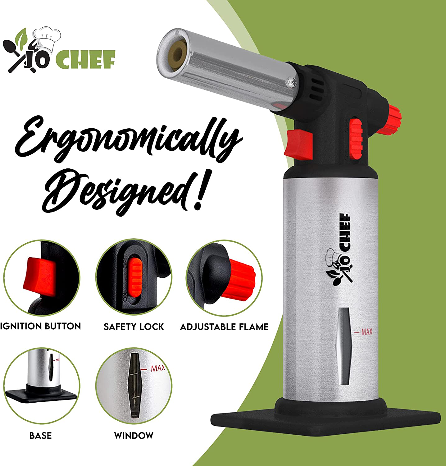 Kitchen Torch, blow torch - Refillable Butane Torch With Safety Lock & Adjustable Flame + Fuel gauge - Culinary Torch, Creme Brûlée Torch for Cooking Food, Baking, BBQ + FREE E-book, 1 Can Included