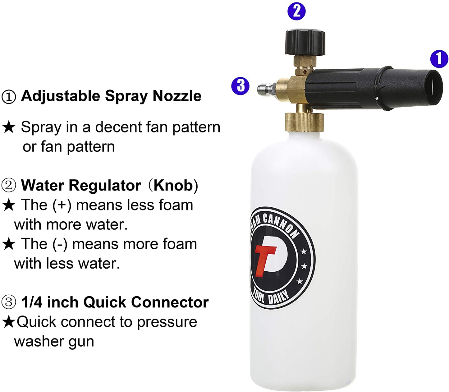 Foam Cannon with 1/4 Inch Quick Connector, 1 Liter, 5 Pressure Washer Nozzle Tips