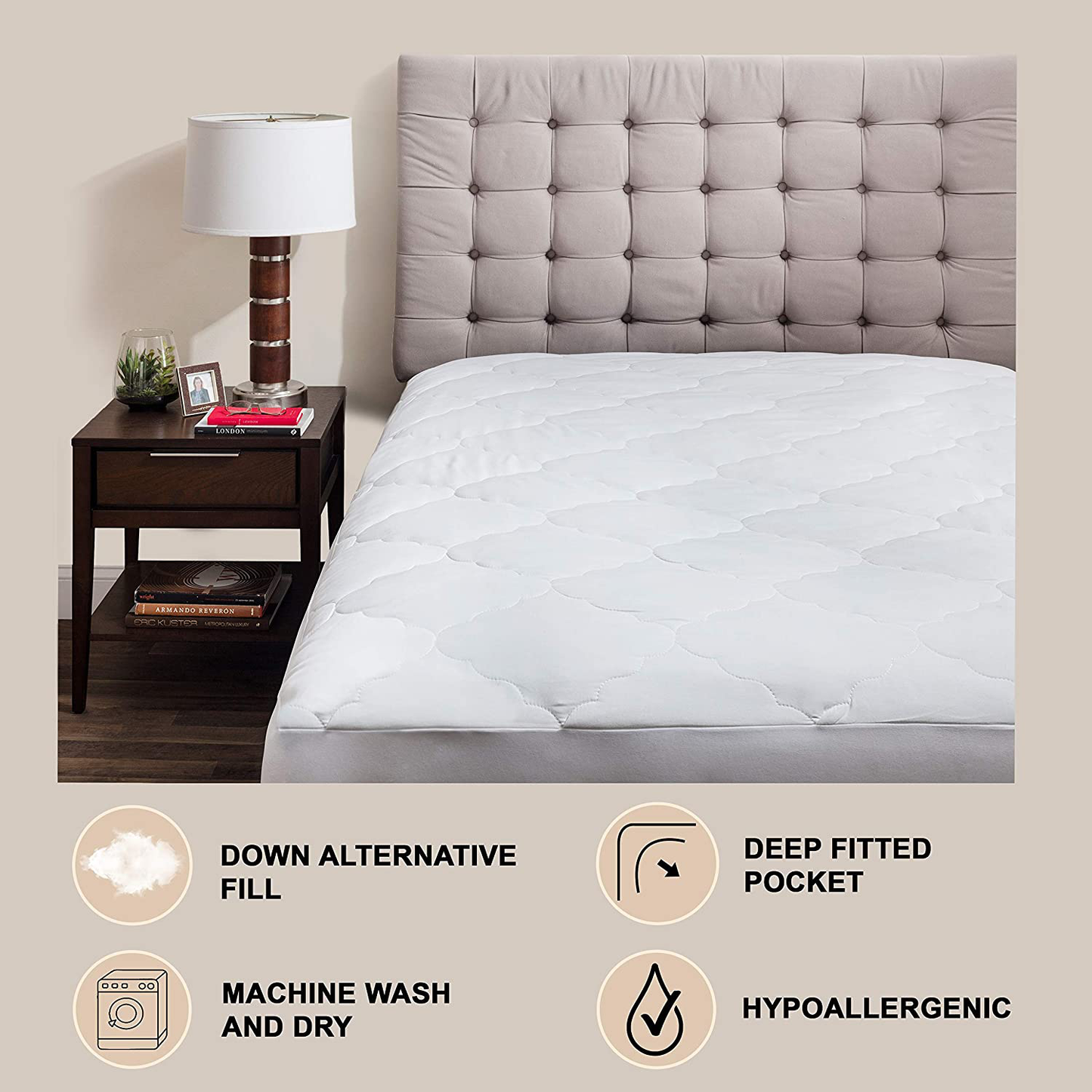 Micropuff Full Mattress Pad Cover Fitted Quilted - Plush Down Alternative Fiber Fill, Breathable Bed Pad - Deep Pocket Stretches up to 15" (Full Size 54x75)