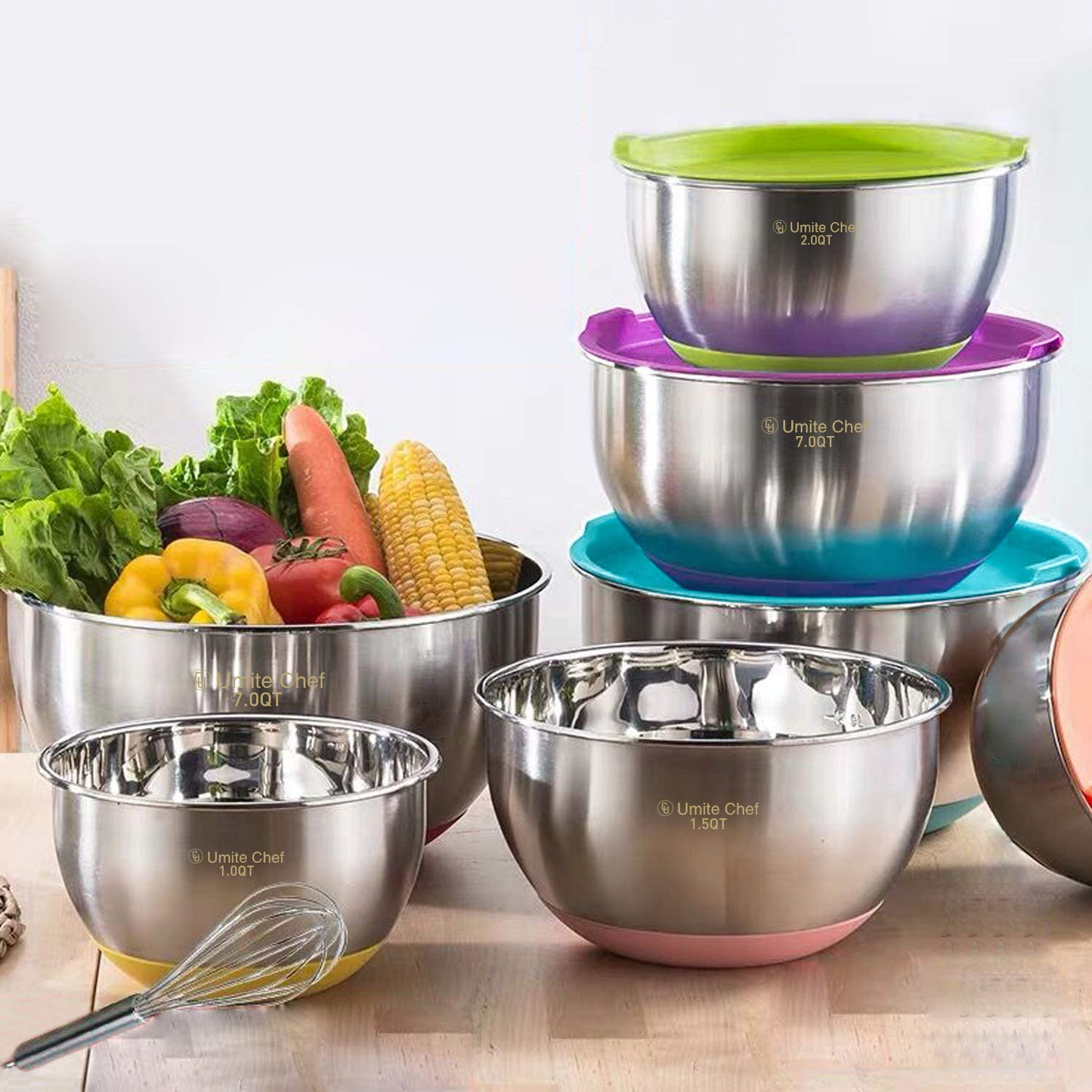 Mixing Bowls with Airtight Lids, 6 piece Stainless Steel Metal Bowls by Umite Chef, Colorful Non-Slip Bottoms Size 7, 3.5, 2.5, 2.0,1.5, 1QT, Great for Mixing & Serving