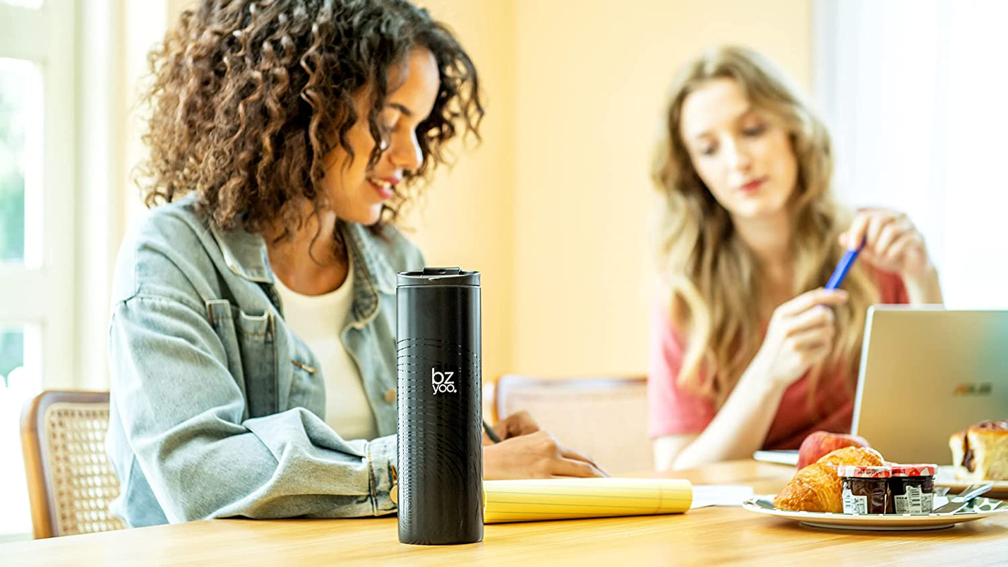 bzyoo Brew 18/8 Stainless Vacuum Drinking BPA-Free 12oz Coffee Mug Water Thermal Bottle with Leak Proof Design for Hike Camping Holiday New Year Gifts Wellness (Gold)