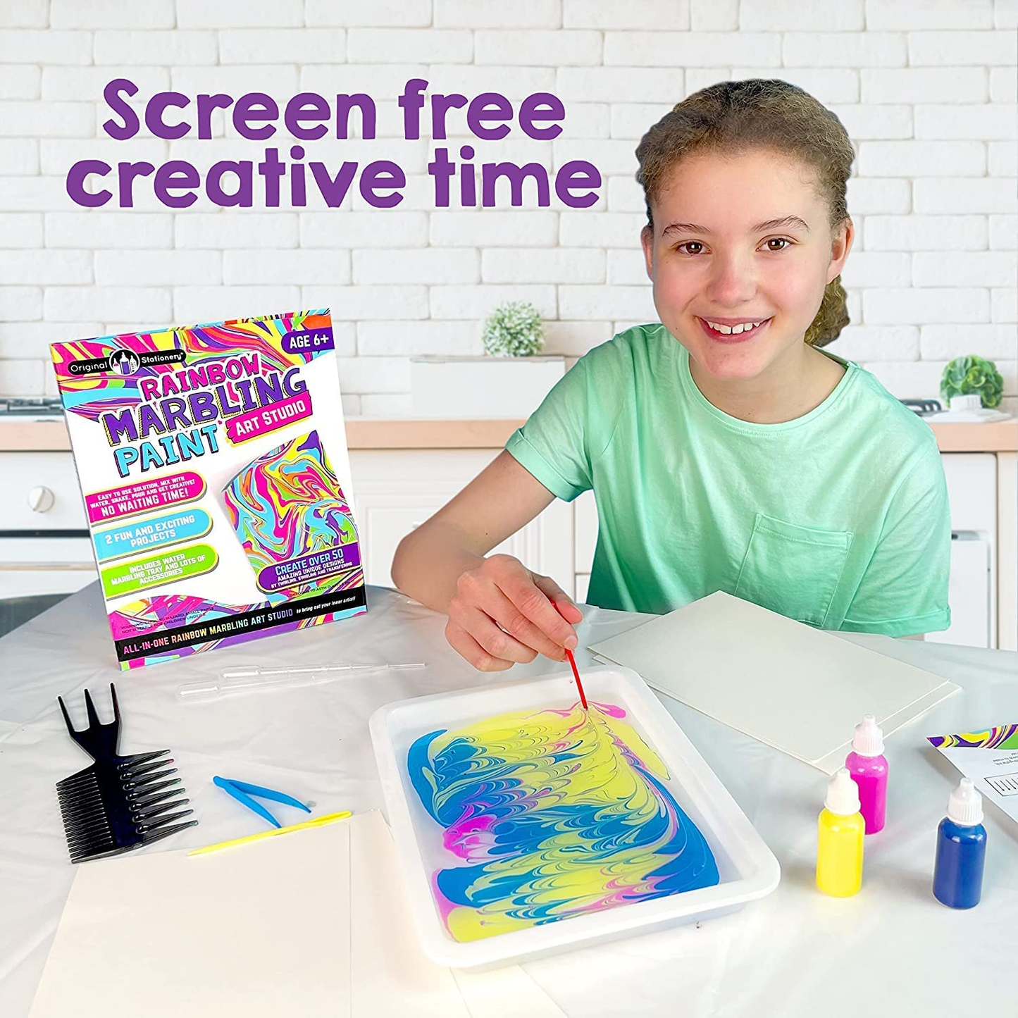 Original Stationery Rainbow Marbling Kit, Everything You Need in One Marble Painting Kit Kids to Make Marble Art and Craft Kids Will Love, Great Arts and Crafts for Girls and Rainbow Gifts for Girls