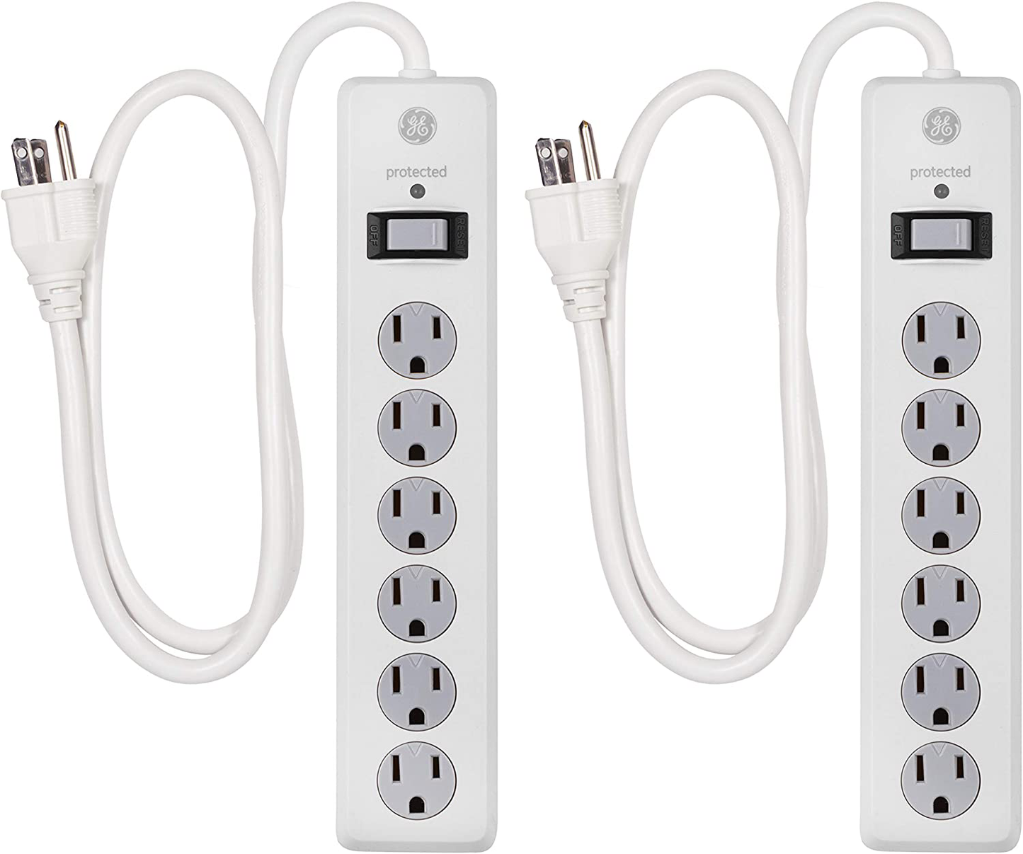 GE 6 Outlet Surge Protector, 10 Ft Extension Cord, Power Strip, 800 Joules, Flat Plug, Twist-to-Close Safety Covers, White, 14092