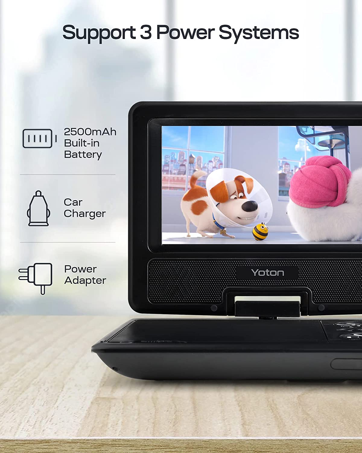 9.5" Portable DVD Player with 7.5" Swivel Screen, 4-6 Hours Built-In Battery, Support SD Card/Usb/Multiple Disc Formats, Support Sync Screen to TV, Projector