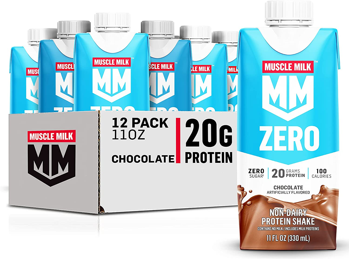 Muscle Milk Zero Protein Shake, Chocolate, 11 Fl Oz Carton, 12 Pack, 20G Protein, Zero Sugar, 100 Calories, Calcium, Vitamins A, C & D, 4G Fiber, Energizing Snack, Workout Recovery, Packaging May Vary