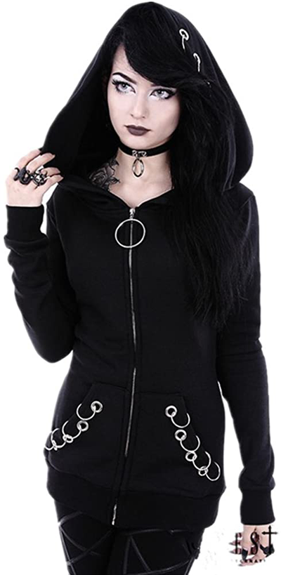 Women Punk Gothic Hoodie Long Sleeve Ring Front Eyelt Zip-up Sweatshirt Jacket Coat