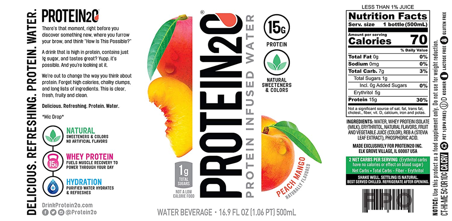 Protein2O 15G Whey Protein Infused Water, Peach Mango, 16.9 Oz Bottle (Pack of 12)