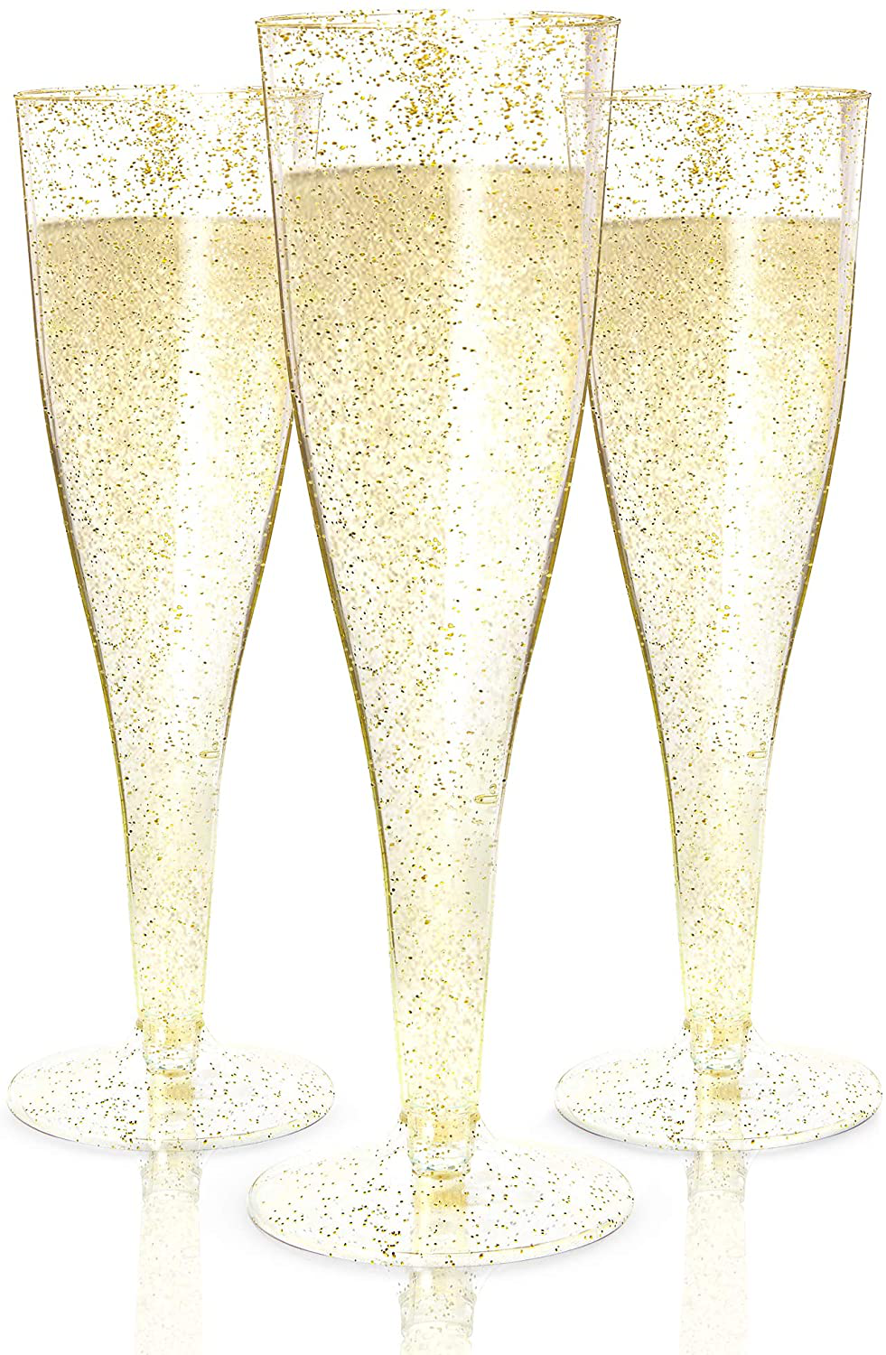 24 Plastic Champagne Flutes Disposable | Gold Glitter Plastic Champagne Glasses for Parties | Glitter Clear Plastic Cups | Plastic Toasting Glasses | Mimosa | Wedding and Shower Party Supplies