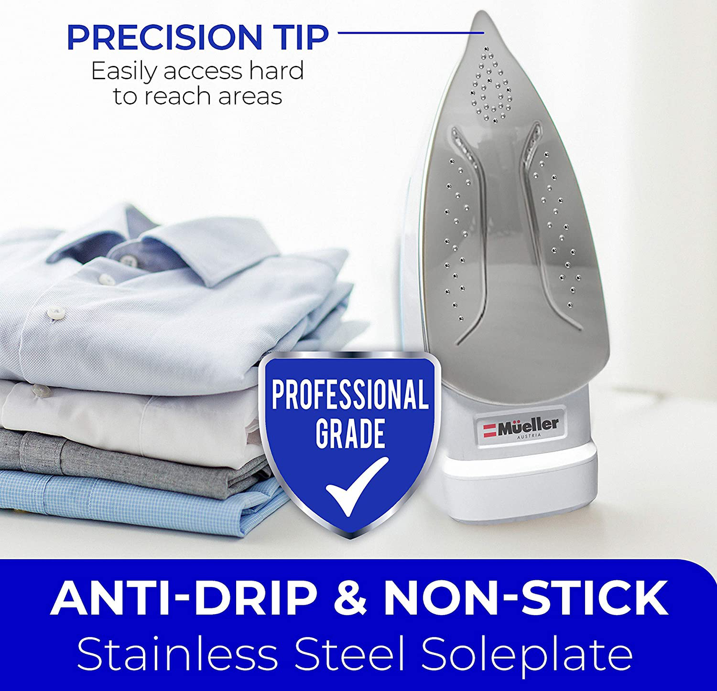 Mueller Professional Grade Steam Iron, Retractable Cord for Easy Storage, Shot of Steam/Vertical Shot, 8 Ft Cord, 3 Way Auto Shut Off, Self Clean