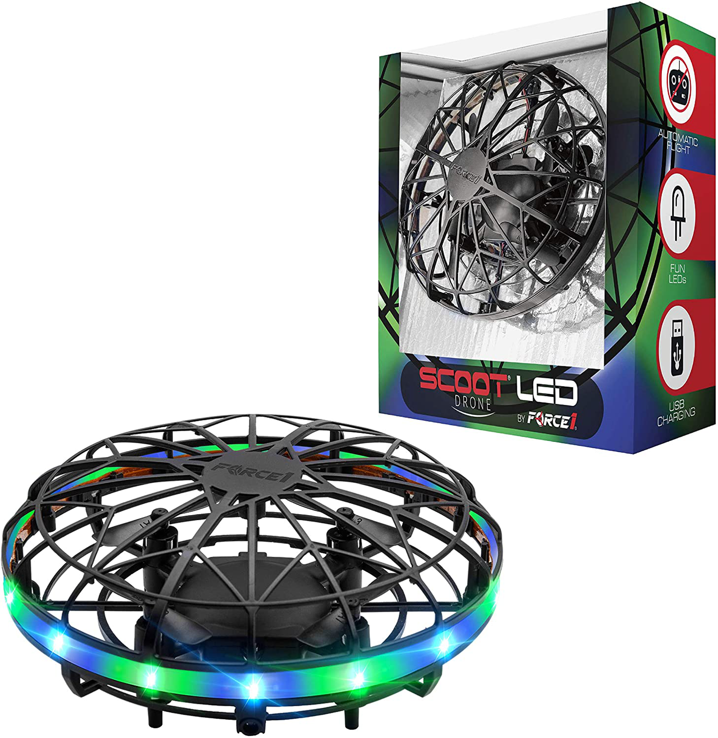 Force1 Scoot LED Hand Operated Drone for Kids or Adults - Hands Free Motion Sensor Mini Drone, Easy Indoor Small UFO Toy Flying Ball Drone Toy for Boys and Girls (Green/Blue)