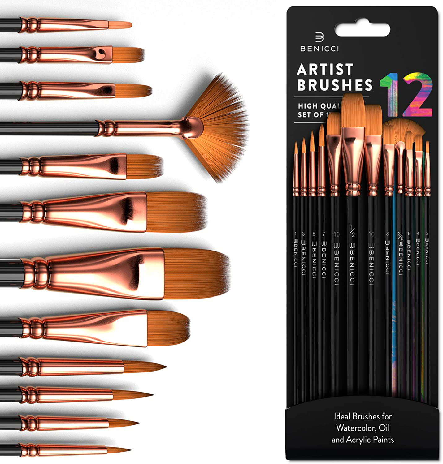 Professional Artist Paint Brush Set of 12 - Painting Brushes Kit for Kids, Adults Fabulous for Canvas, Watercolor & Fabric
