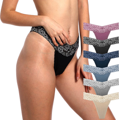 Women'S Sexy Lace Cotton Thongs Low Waist Underwear Soft Seamless Panties 6-Pack