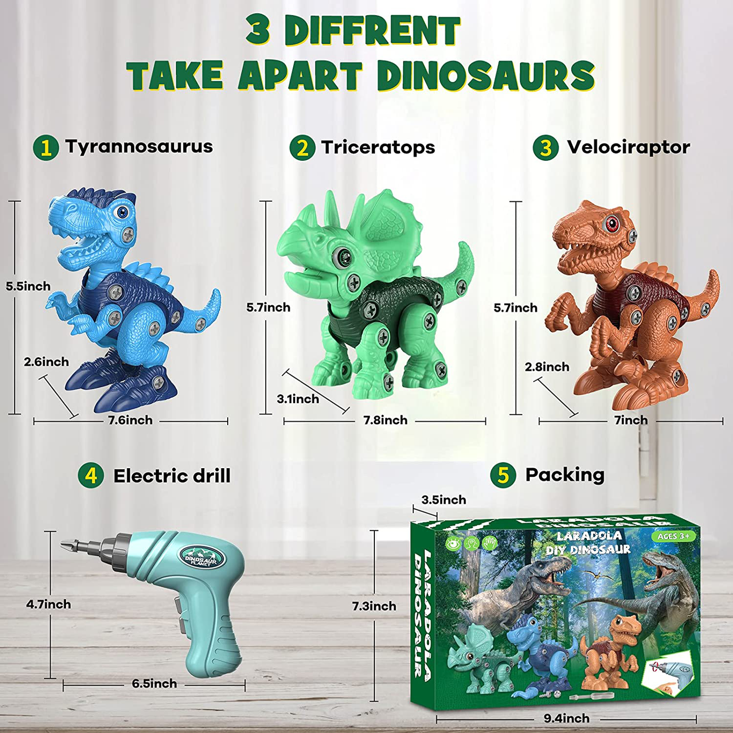 Dinosaur Toys for 3 4 5 6 7 Year Old Boys, Take Apart Dinosaur Toys for Kids 3-5 5-7 STEM Construction Building Kids Toys with Electric Drill, Dinosaur Toys Christmas Birthday Gifts Boys Girls