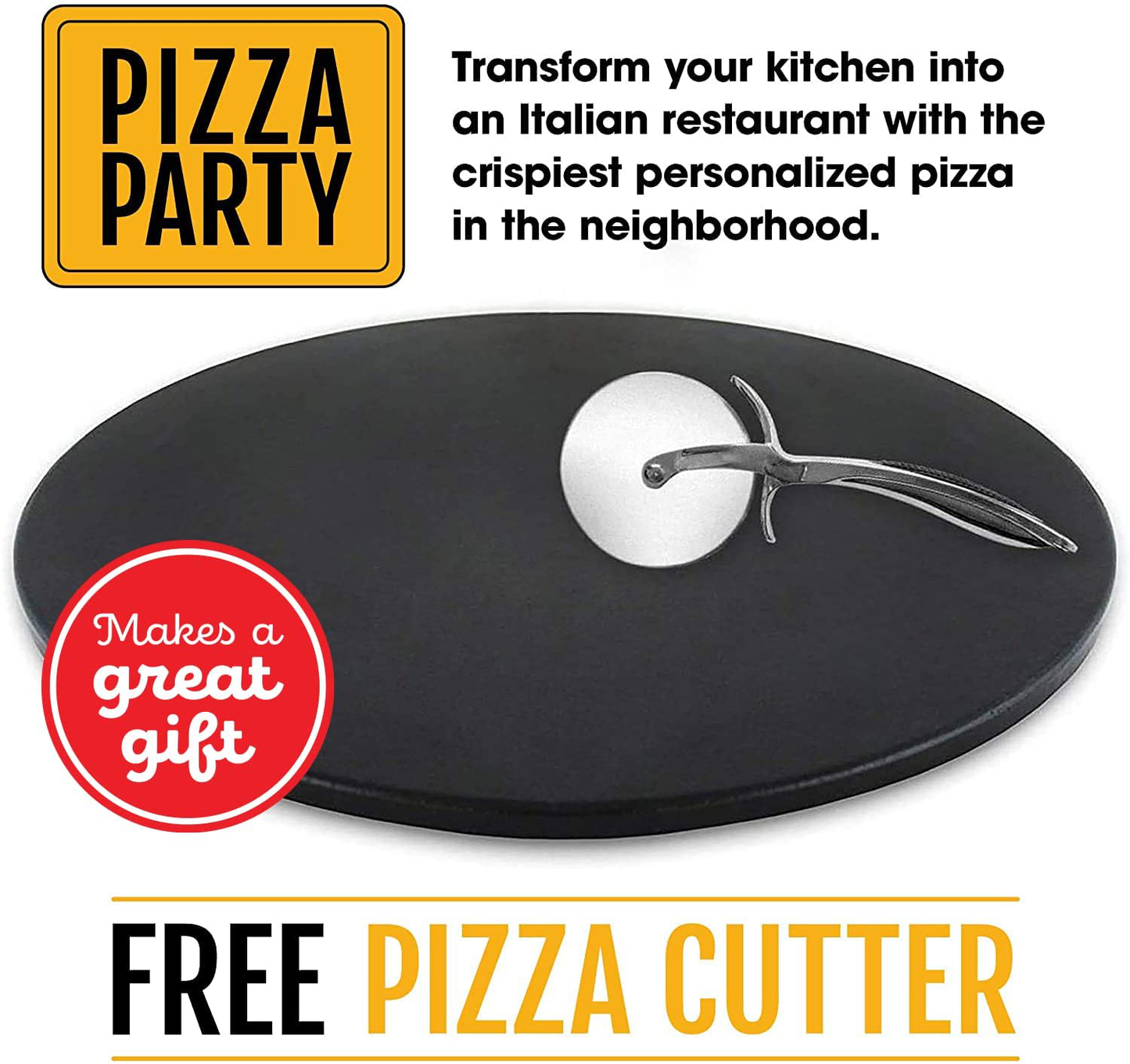 Heritage Pizza Stone, 15 Inch Ceramic Baking Stones for Oven Use - Non-Stick, No Stain Pan & Cutter Set for Gas, BBQ & Grill - Kitchen Accessories & Housewarming Gifts W/ Bonus Pizza Wheel - Black