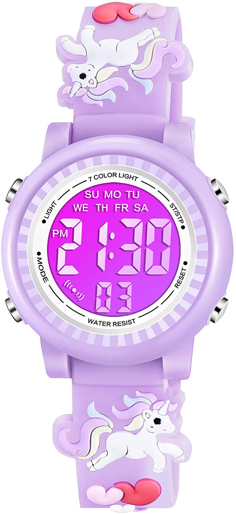 Venhoo Kids Watches 3D Cartoon Waterproof 7 Color Lights Toddler Wrist Digital Watch with Alarm Stopwatch for 3-10 Year Girls Little Child