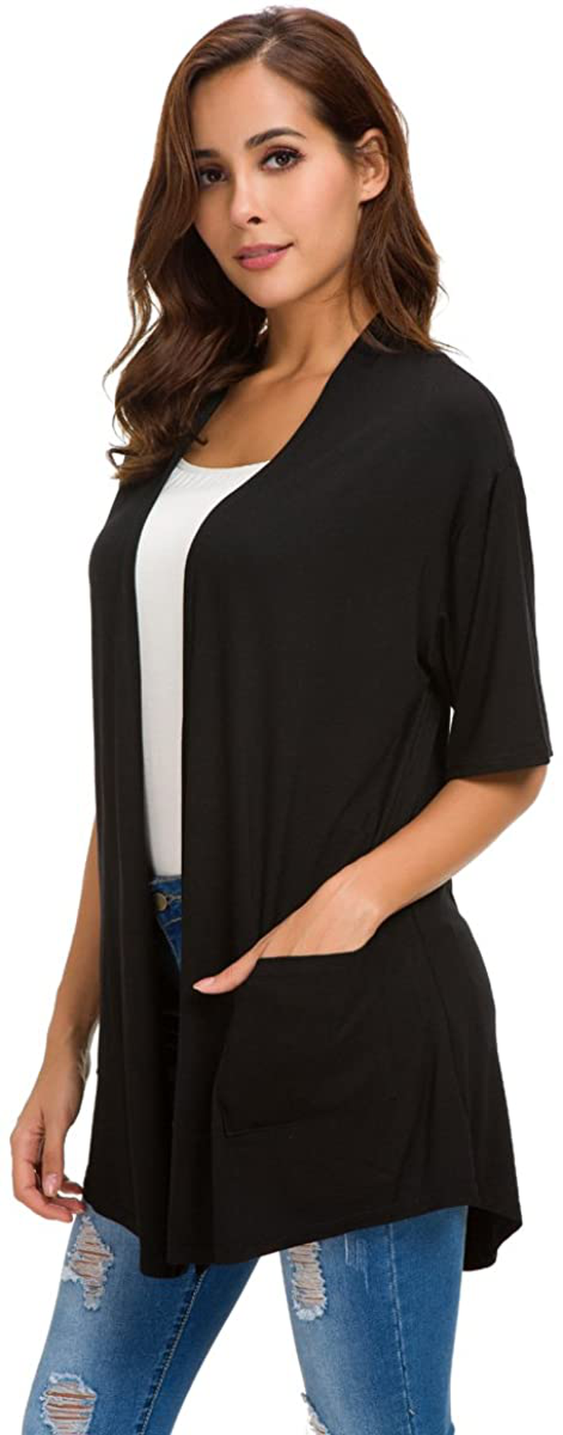 Womens Short Sleeve Open Front Lightweight Casual Comfy Long Line Drape Hem Soft Modal Cardigans Sweater with Two Pockets