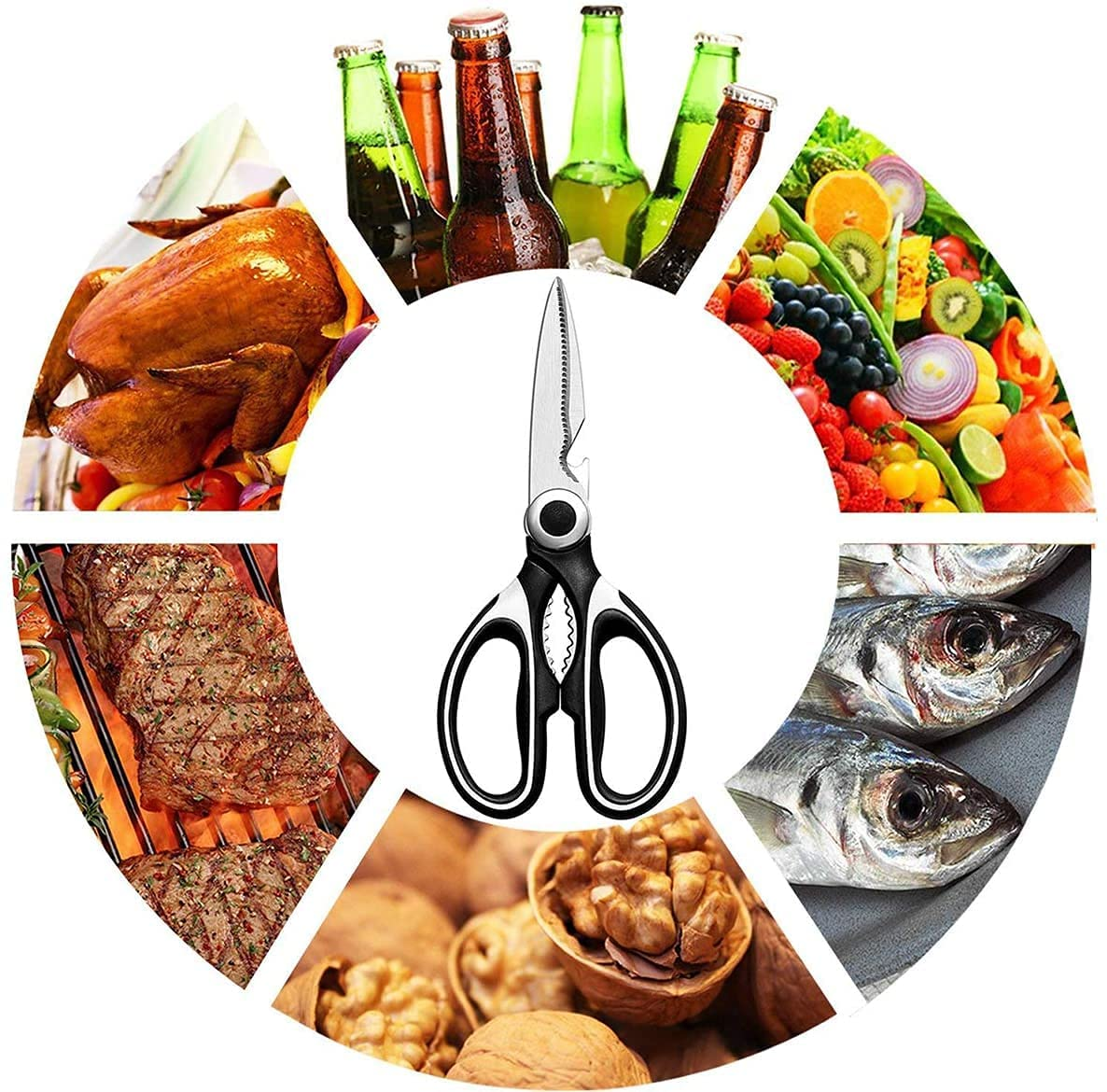Kitchen Shears Multi Purpose Strong Stainless Steel Kitchen Utility Scissors with Cover Poulry,Fish, Meat, Vegetables Herbs, Bones, Dishwasher Safe (Black)
